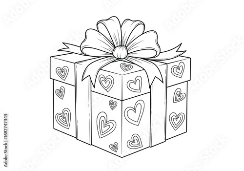 A beautifully wrapped gift box with heart decorations and a large ribbon bow