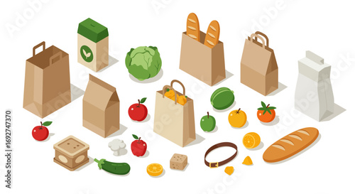 Isometric grocery icons: reusable bags, fresh produce, and eco-friendly packaging