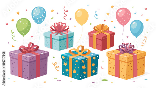 Birthday Party Gift Boxes with Ribbons and Balloons – Colorful Presents, Confetti and Celebration Decoration, Isolated Transparent PNG
