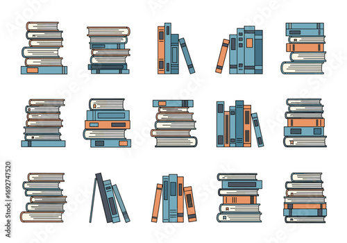 Collection of stacked books arranged artistically in rows and columns for reading lovers