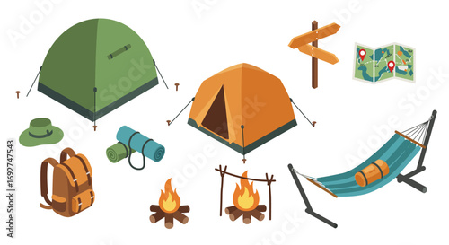 Isometric camping set: tents, backpack, campfire, map, and hammock essentials