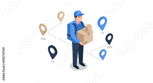 Delivery service concept with smiling courier and parcel tracking pins