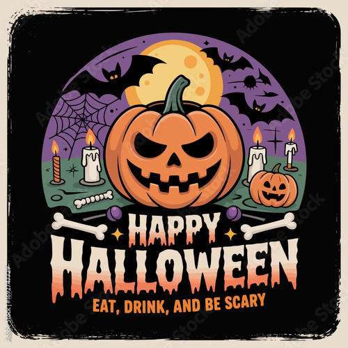 2d vector illustration Halloween t shirt icon design items ghost character Candles in carved pumpkin 