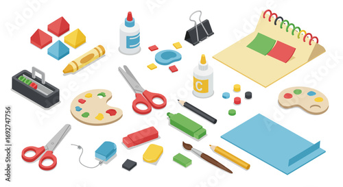 Isometric art supplies set with stationery scissors and paint palette