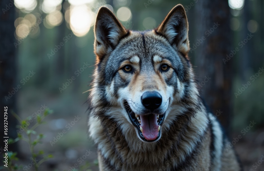 Fototapeta premium A wolf standing outdoors in a forest setting with sunlight filtering through trees