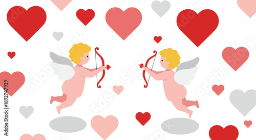 Playful cupids with bows and hearts in valentine pattern design