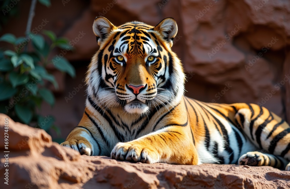 Obraz premium A majestic tiger resting on rocky terrain in a natural habitat