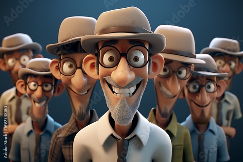 Group of animated characters with distinct features and expressions, set against a simple background