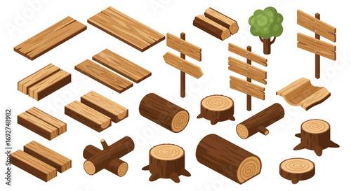 Isometric wooden elements set: planks, logs, stumps, and signs