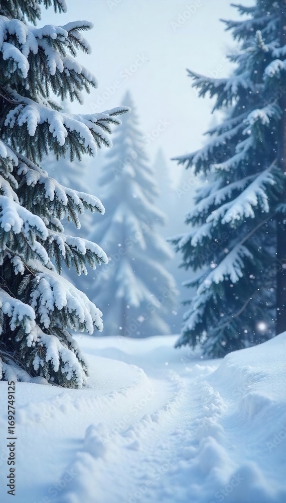 Naklejka premium Soft, fluffy snowflakes gently descend on a tranquil winter landscape, blanketing the ground in a pristine layer of white Perfect for winter holiday or seasonal themes , quiet, background