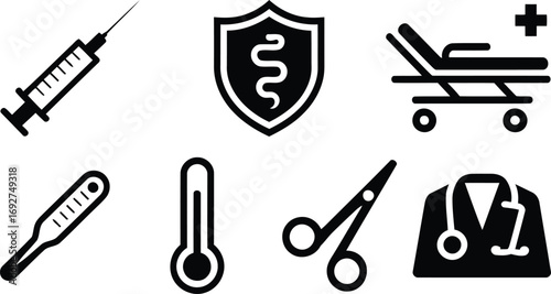 Medical Iconography Collection Graphic Representation of Healthcare Tools, Equipment, and Apparel Used by Medical Professionals in Clinical Practice Settings