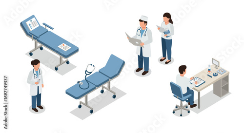Wallpaper Mural Isometric medical scene with doctors, hospital bed, and office setup Torontodigital.ca