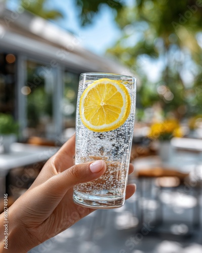 Close-up of a hand holding a glass of sparkling water with a lemon slice outdoors, refreshing summer drink with bubbles and citrus freshness.