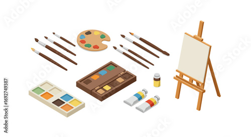 Isometric art supplies collection with brushes, paints, and easel for creative projects