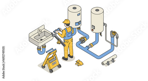 Plumber installing water heater in isometric style for home renovation project