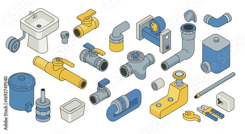 Isometric plumbing components collection featuring pipes, valves, and fittings
