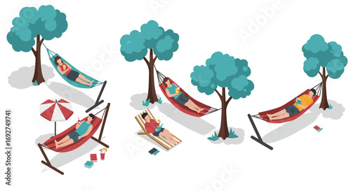 Relaxation and reading in hammocks amidst trees in isometric style