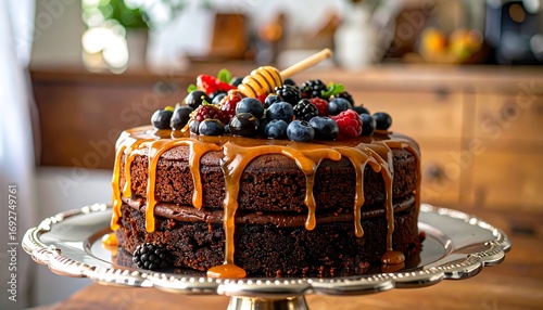 Chocolate cake with caramel and berries