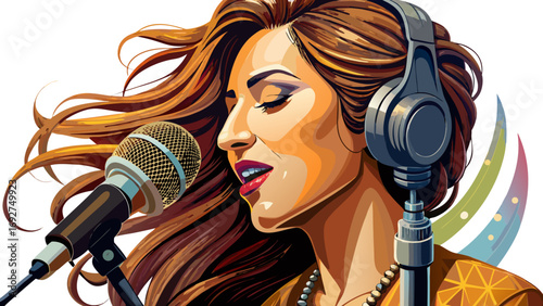 Close-up portrait of female musician holding microphone near lips in recording studio. Isolated white background reflects passion, melody, and artistic elegance of music performance.