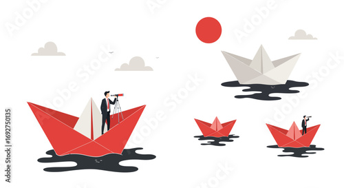 Businessman navigating with paper boats under the red sun