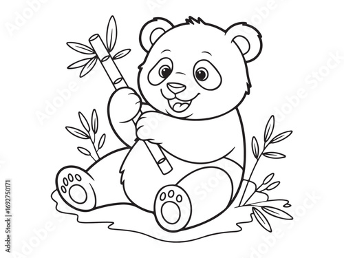 Line-art illustration of an adorable panda sitting and holding a bamboo stick, surrounded by bamboo leaves, creating a cute and playful animal scene.