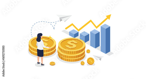 Financial growth concept with coins, graphs, and paper planes in isometric design