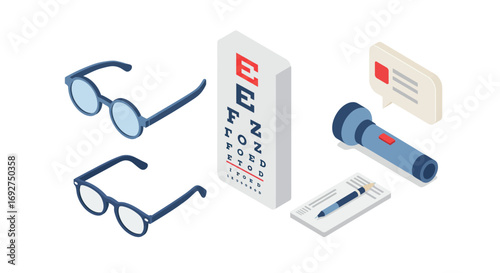Isometric vision test set with glasses, eye chart, flashlight, and prescription pad