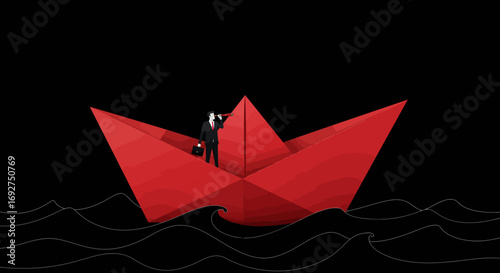 Businessman navigating uncertainty on origami boat in dark ocean