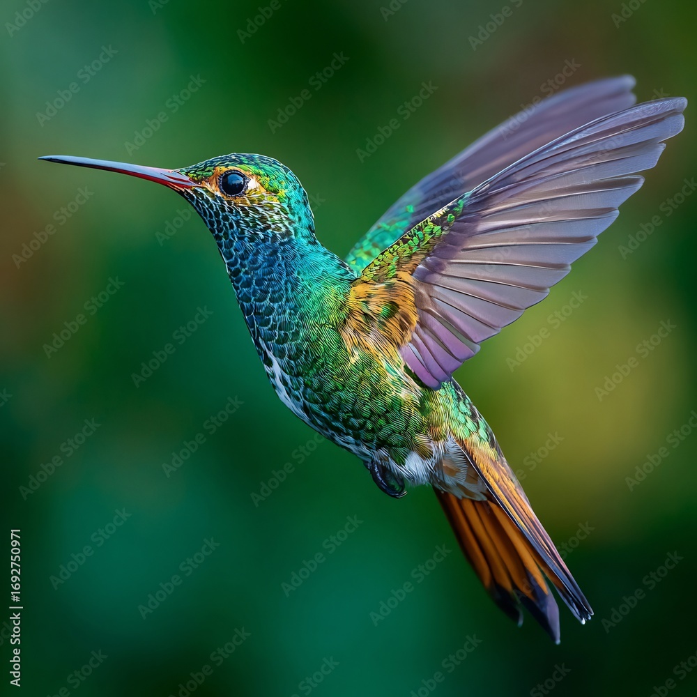 Obraz premium Macro hyper realistic capture of hummingbird wings high speed motion blurred green backdrop cinematic wildlife detail