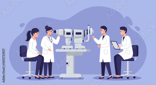 Team of doctors conducting eye examination with advanced equipment in modern clinic