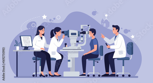 Optometry clinic visit with eye exam equipment and professional staff in flat design