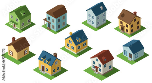 Collection of isometric houses with different roof colors and styles