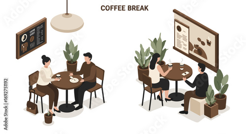 Cozy cafe vibes: isometric scene of couples enjoying coffee indoors