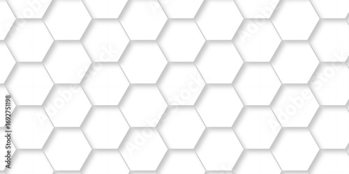 Abstract pattern hexagonal white technology line paper background. Hexagonal grid tile mosaic structure mess cell design. white and gray hexagon honeycomb football geometric copy space business text.	