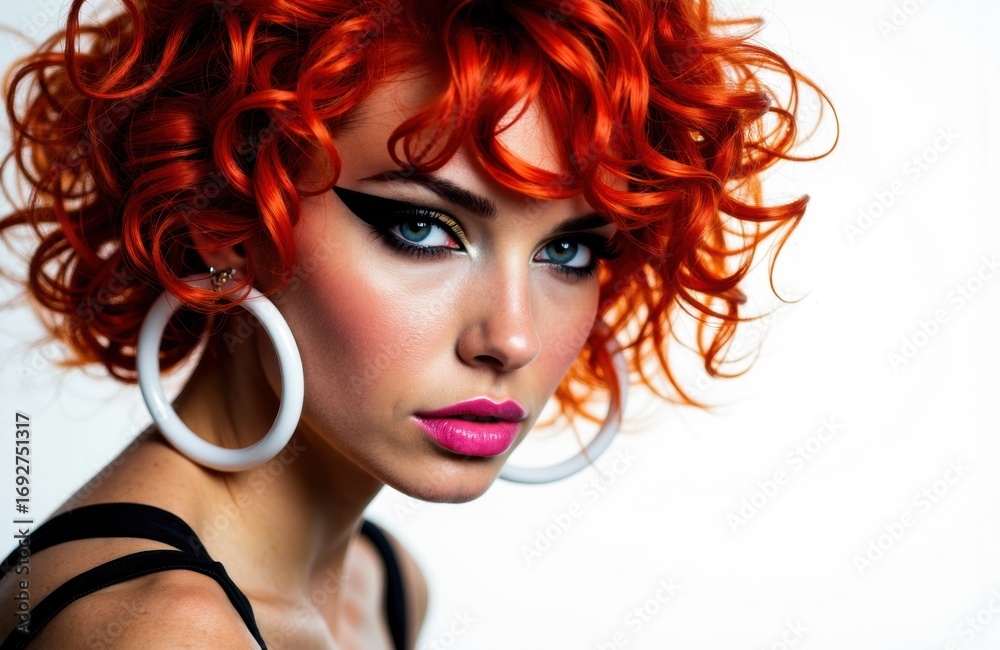 Fototapeta premium Woman with vibrant red curly hair and bold makeup looking at the camera