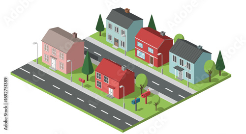 Charming isometric neighborhood with colorful houses and streetscape