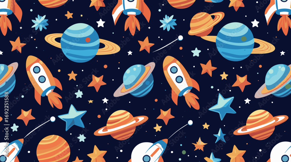 Naklejka premium Playful space-themed pattern featuring rockets, planets, and stars on a dark background