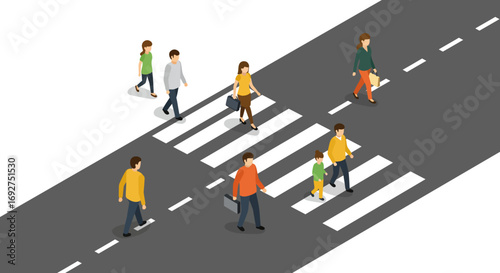 Isometric pedestrian crosswalk scene with diverse people walking on city street