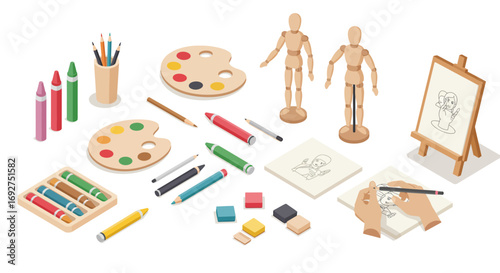 Colorful art supplies with drawing and painting tools in isometric style