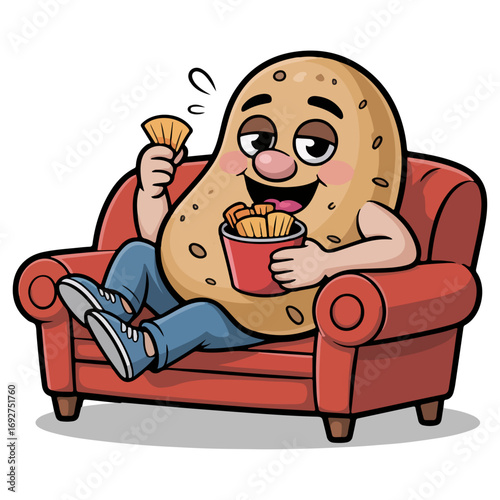 Potato Comfort Food Bliss: An illustrated potato personification relaxes on a sofa, indulging in a bucket of french fries in a whimsical, inviting scene of comfort and leisure.