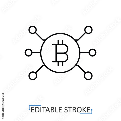 A cryptocurrency icon in minimalist style with editable stroke. Bitcoin symbol, digital finance element, blockchain object, fintech concept, virtual money pictogram, electronic design, crypto graphic.