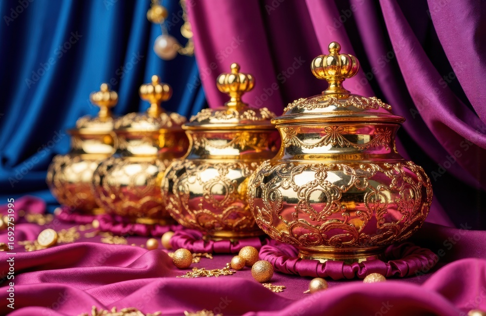 Obraz premium Ornate gold containers with decorative lids displayed on luxurious pink and purple fabric