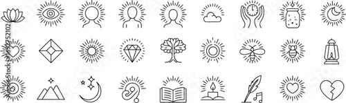 Spiritual and wellness icon set with symbols of light, meditation, mindfulness, nature, healing, energy, balance, and cosmic elements