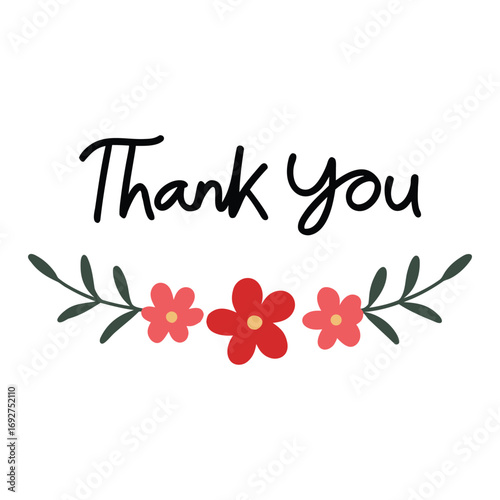 Black handwritten thank you text with red flowers and green leaves lettering