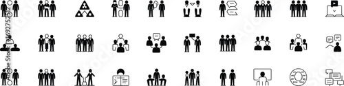 Teamwork and communication icons for business meetings, collaboration, leadership, remote work, group discussions, and organizational management