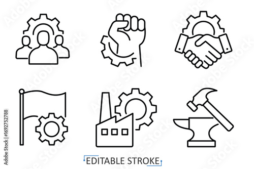 An industry and labor icon set in minimalist style with editable stroke. Factory symbol, gear element, teamwork object, production design, engineering pictogram, work concept