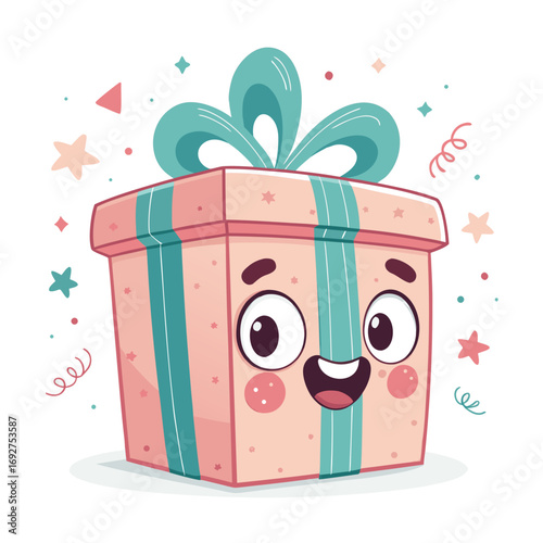 Cute cartoon gift box with face and decorative ribbons and stars