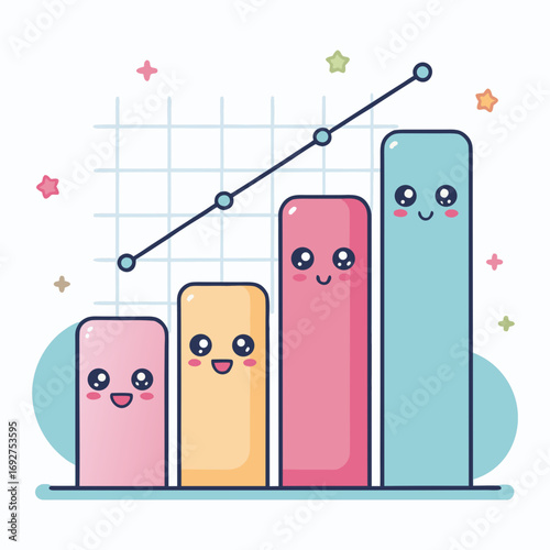 Cute cartoon bar chart with smiling faces in pastel colors