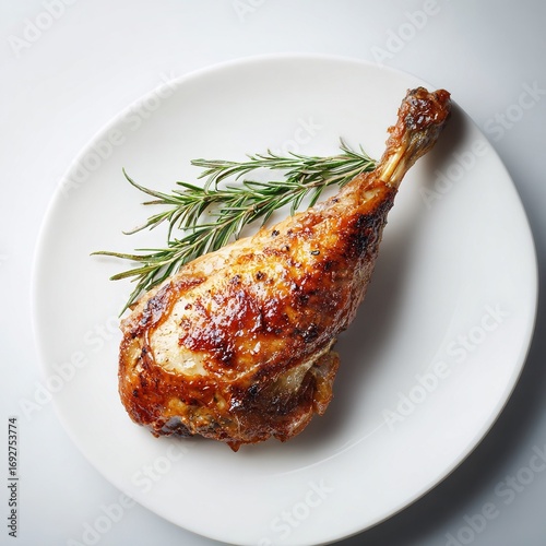 Single perfect roasted turkey leg on clean white plate with sprig of rosemary. Minimalist food studio shot highlighting main course.