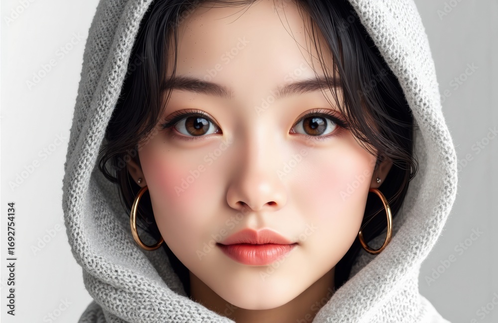 Obraz premium A woman with clear skin and dark hair wearing a white hooded sweater and gold hoop earrings